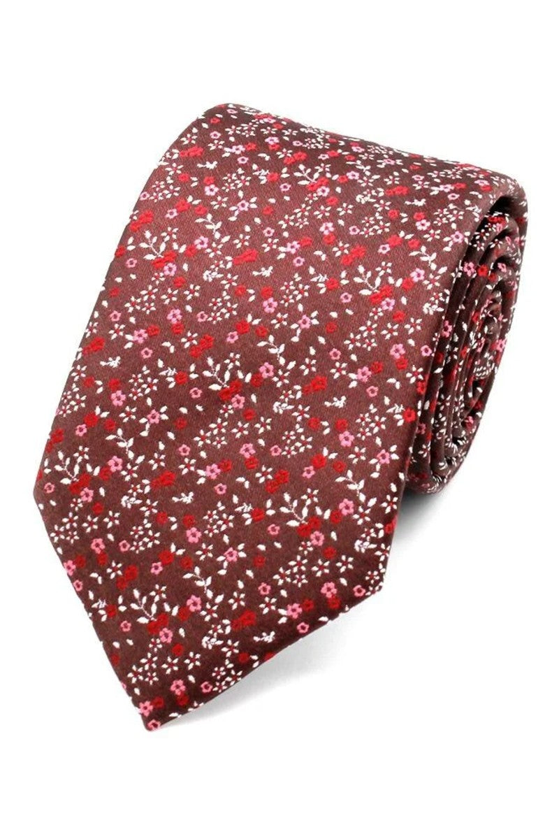 F1913/1 Mini Floral Tie - Pink On Brown