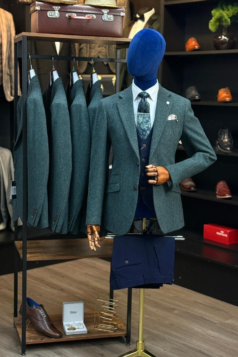 Lush Olive Blazer With Charlton Navy Waistcoat & Trousers