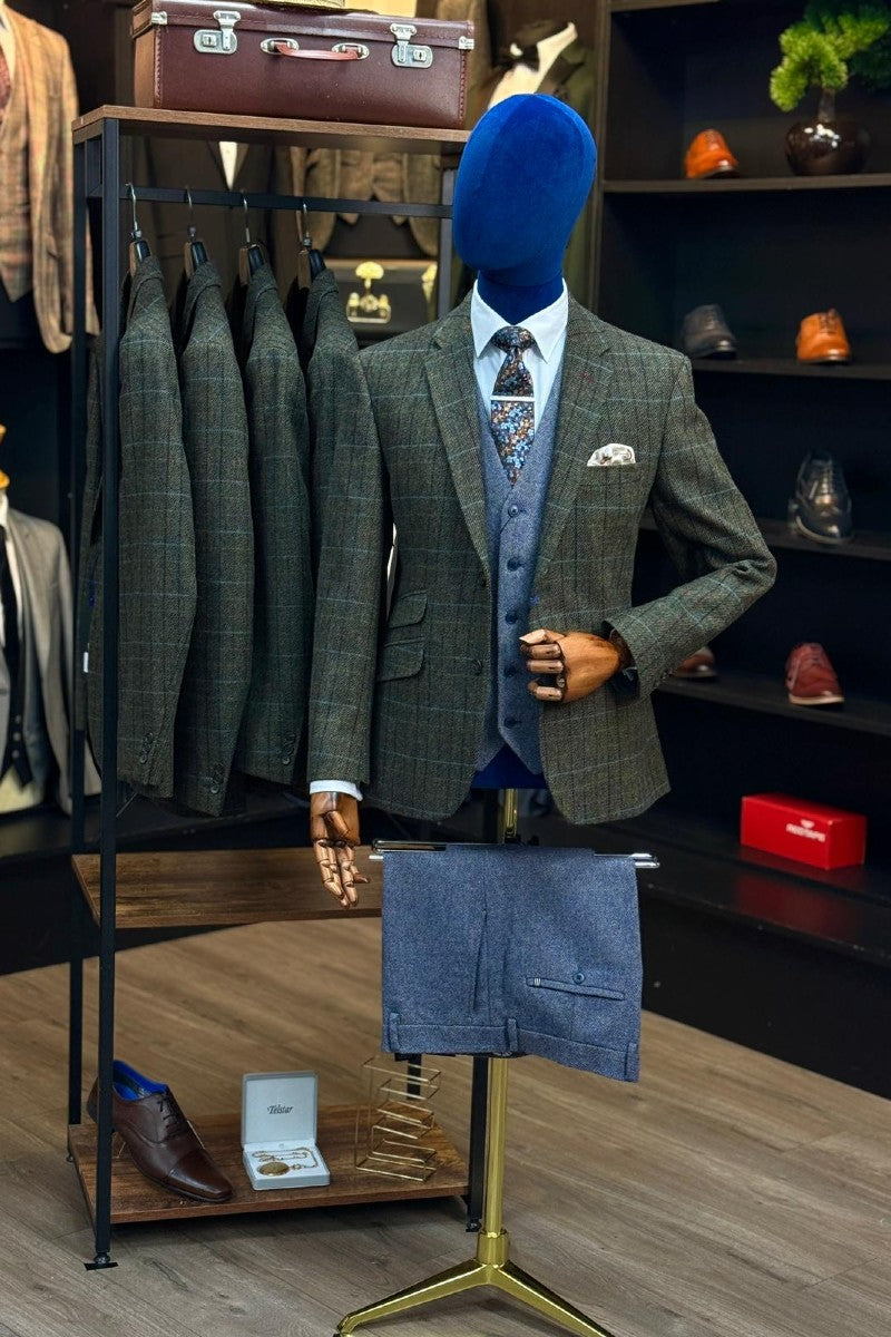Olive Tweed Blazer With Thomas Waistcoat & Trousers