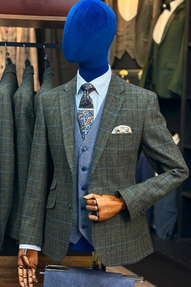 Olive Tweed Blazer With Thomas Waistcoat & Trousers