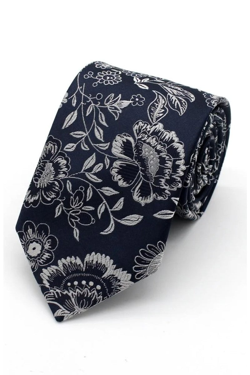 Woven Floral Tie - Pewter on Navy