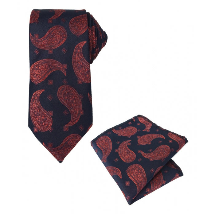 BOY&#39;S PAISLEY FORMAL TIE AND HANKY SET IN NAVY AND RED