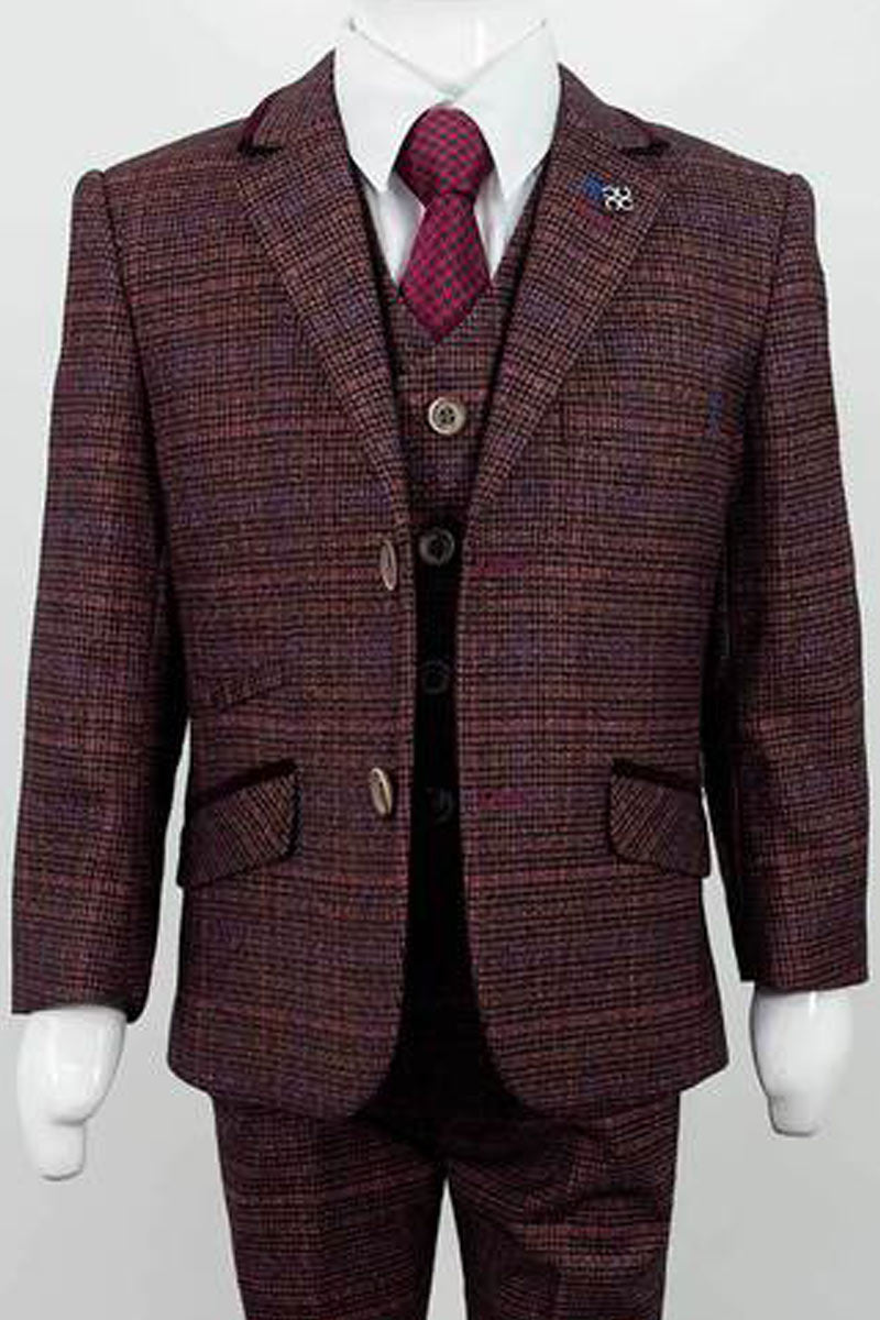 A boy's formal three-piece suit in checkered pattern, consisting of a jacket, waistcoat, and trousers, displayed on a mannequin.